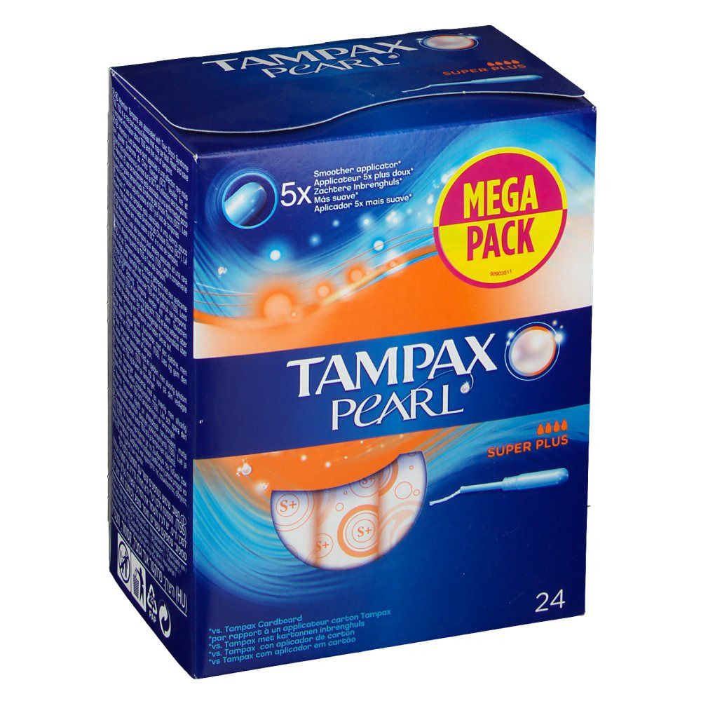 Blau-weiße Verpackung mit 'Tampax Pearl Super Plus'. 'Mega Pack' Aufdruck. 24 Stück. Sichtbar: Tampons und Applikator.