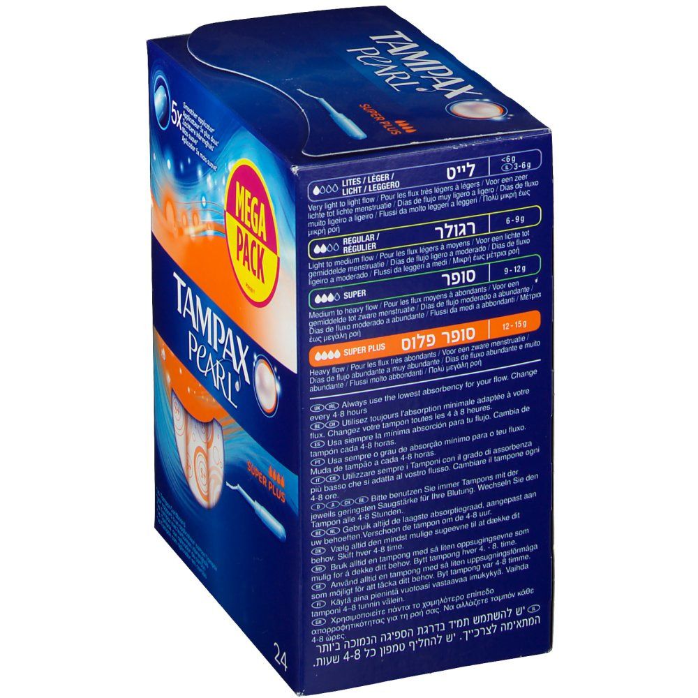Verpackung 'Tampax Pearl Super Plus'. 'Mega Pack' Aufdruck. Angaben zu Saugstärke. 24 Stück. Blau-weißes Design.