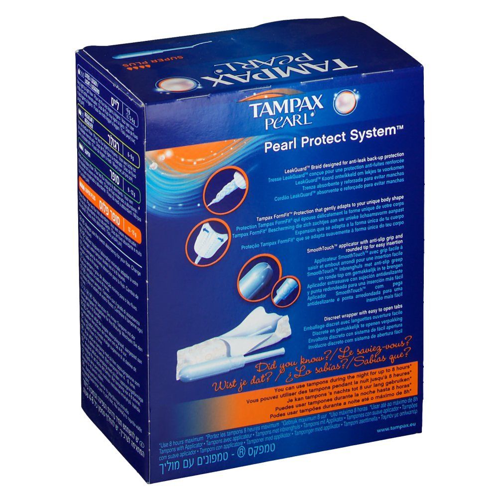 Rückseite der Verpackung 'Tampax Pearl'. Illustrationen des 'Pearl Protect System'. Text in mehreren Sprachen.