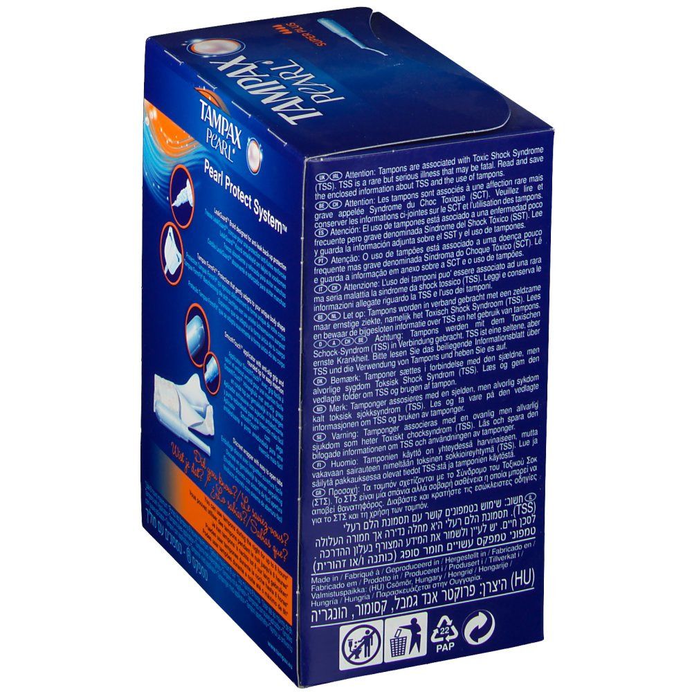 Verpackung 'Tampax Pearl'. Warnhinweise zu Toxischem Schocksyndrom (TSS). Text in mehreren Sprachen.