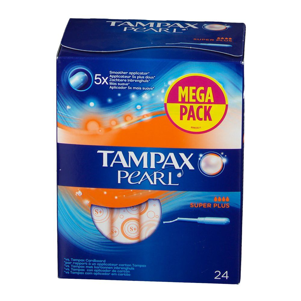 Blau-weiße Verpackung 'Tampax Pearl Super Plus'. 'Mega Pack' Aufdruck. 24 Stück. Sichtbar: Tampons und Applikator.