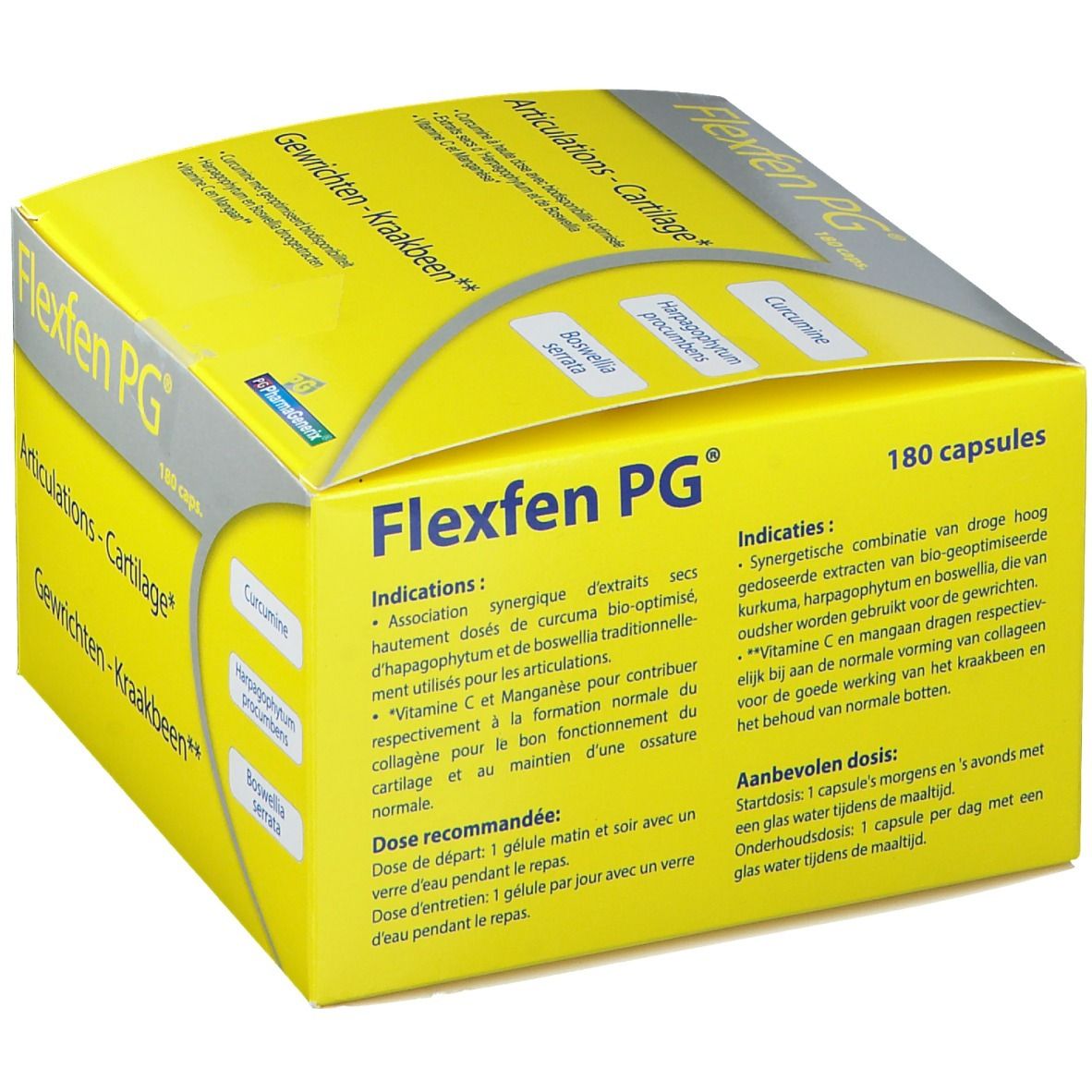 Boîte jaune Flexfen PG, 180 capsules. Informations sur les ingrédients et le dosage. Inscriptions: Articulations - Cartilage, Gewrichten - Kraakbeen.