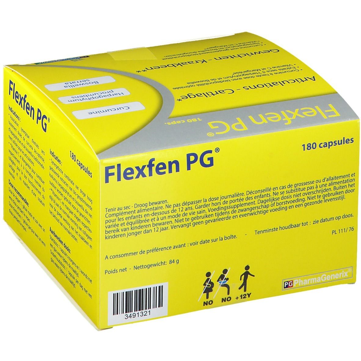 Boîte jaune Flexfen PG, 180 capsules. Contient des avertissements et des informations de stockage. Inscriptions: Articulations - Cartilage, Gewrichten - Kraakbeen.