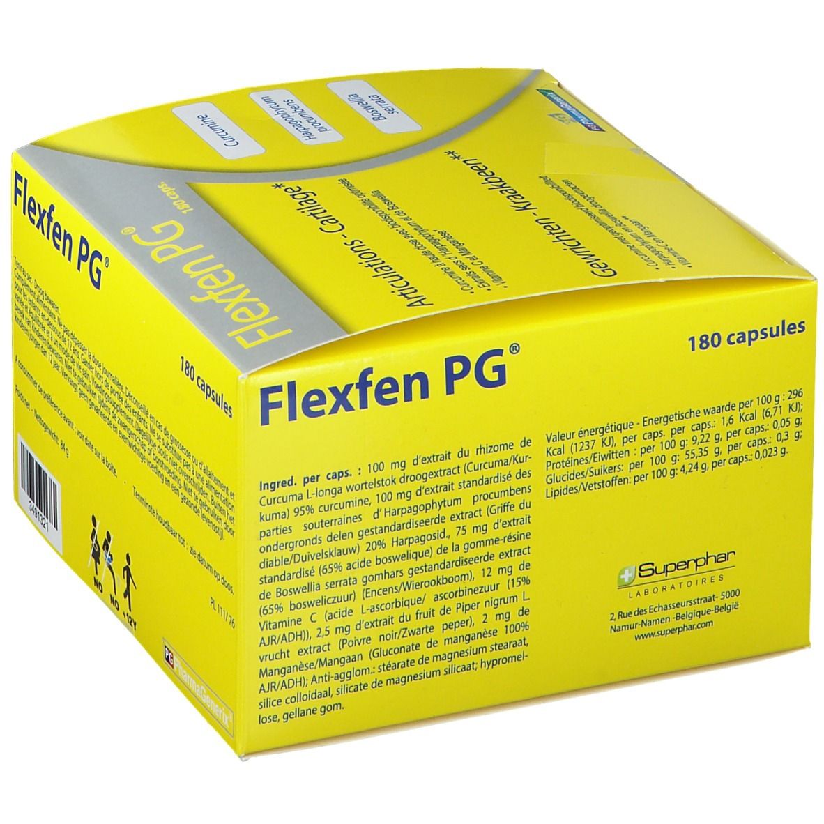 Boîte jaune Flexfen PG, 180 capsules. Contient des informations nutritionnelles et des ingrédients. Inscriptions: Articulations - Cartilage, Gewrichten - Kraakbeen.