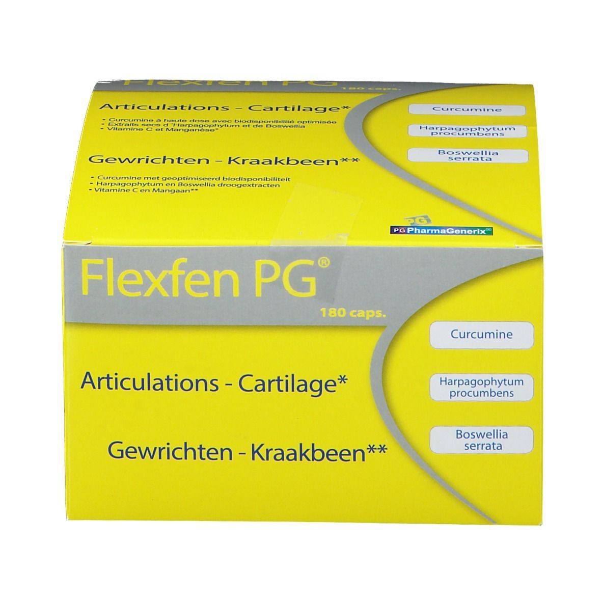 Boîte jaune Flexfen PG, 180 capsules. Inscriptions: Articulations - Cartilage, Gewrichten - Kraakbeen. Contient curcumine, Harpagophytum, Boswellia serrata.