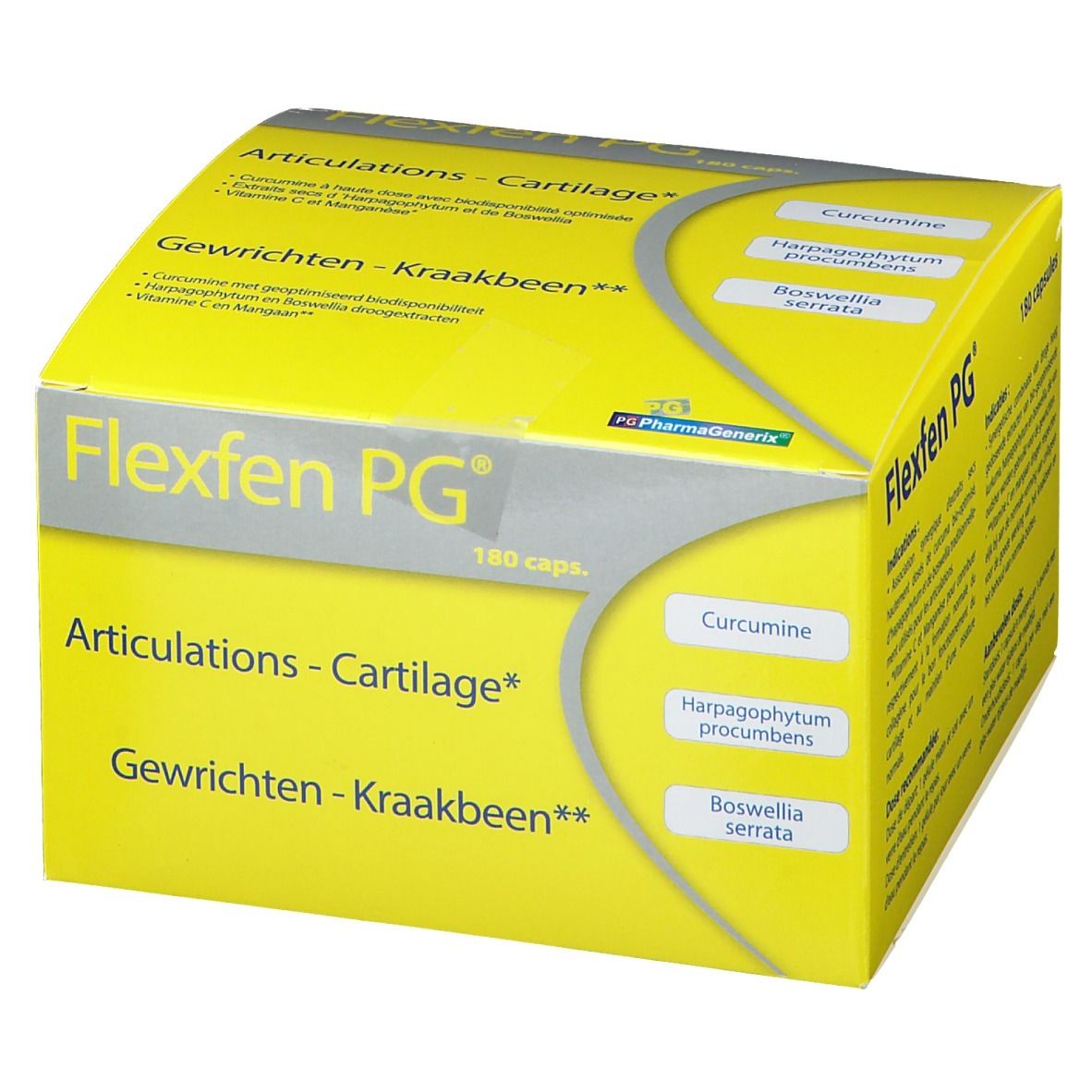 Boîte jaune Flexfen PG, 180 capsules. Inscriptions: Articulations - Cartilage, Gewrichten - Kraakbeen. Contient curcumine, Harpagophytum, Boswellia serrata.