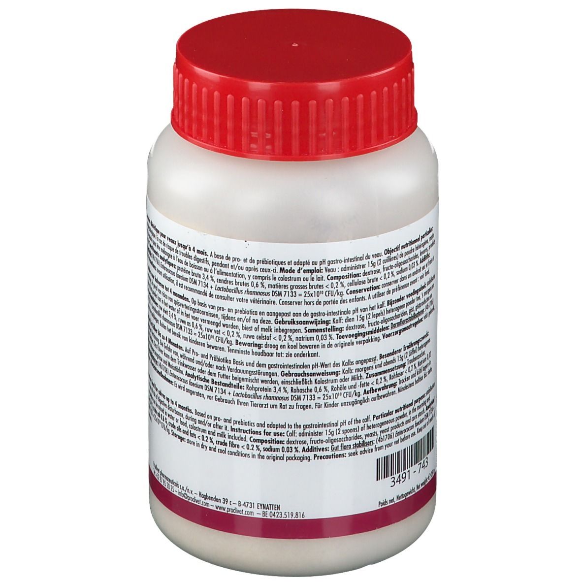 Weiße Dose mit rotem Deckel. Text auf Etikett. Produktname nicht sichtbar. Rückansicht.