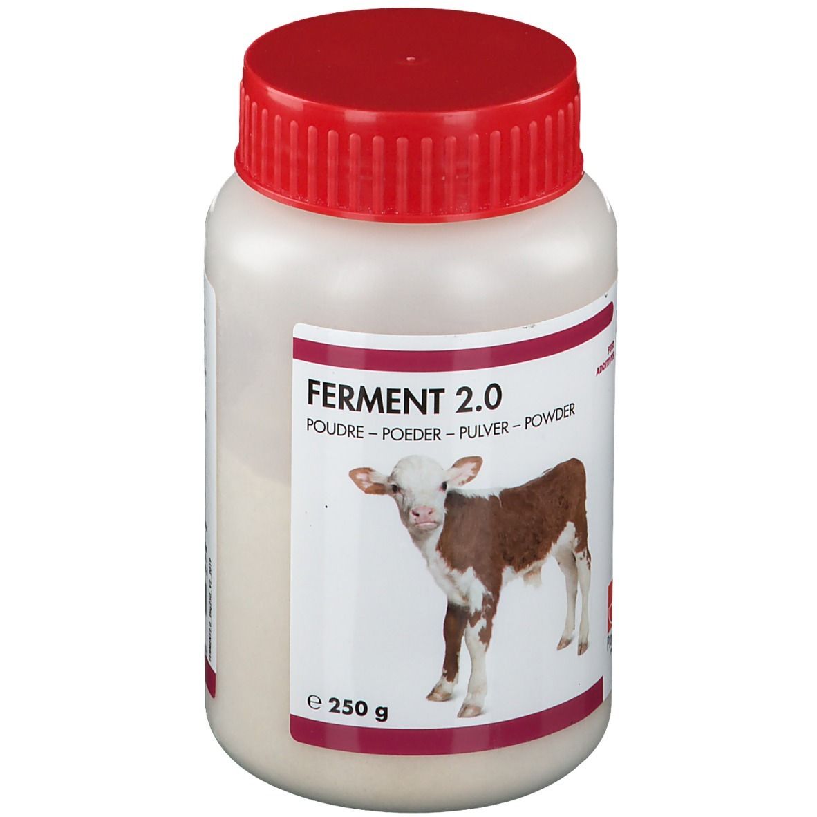 Weiße Dose mit rotem Deckel. Aufschrift Ferment 2.0. Abbildung eines Kalbes. 250 g.