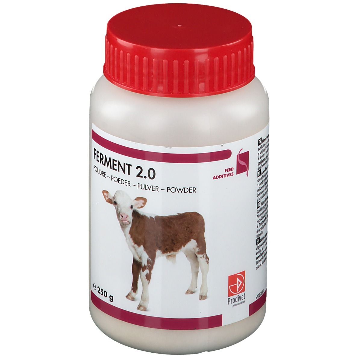 Weiße Dose mit rotem Deckel. Aufschrift Ferment 2.0. Abbildung eines Kalbes. 250 g.