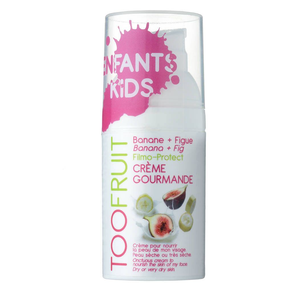 Creme-Spender mit Aufdruck. Enthält Banane + Feige. Marke: TOOFRUIT. Für Kinder. Transparenter Deckel.