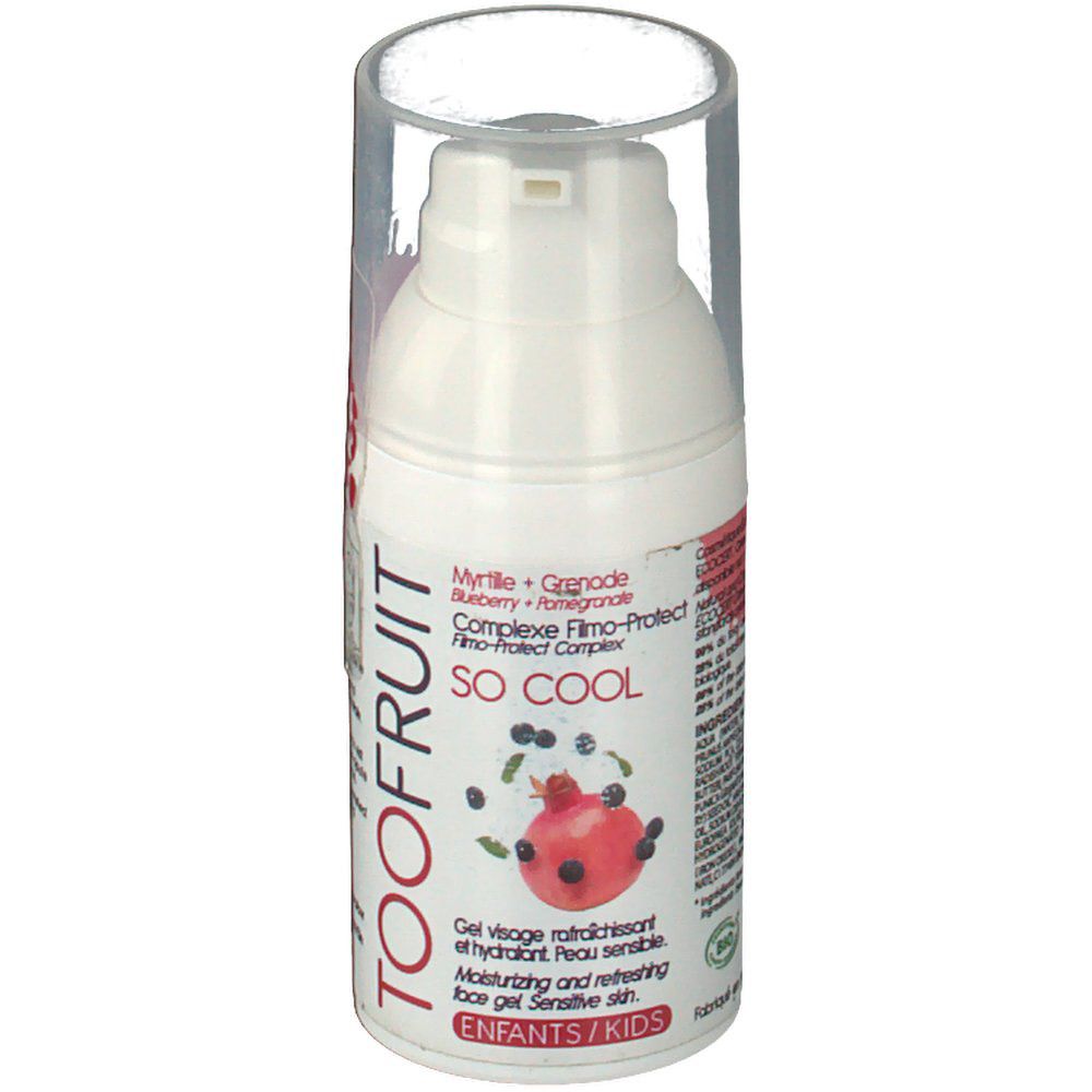 Flacon blanc avec bouchon transparent. Inscriptions TOOFRUIT, SO COOL, myrtille et grenade. Pour enfants.