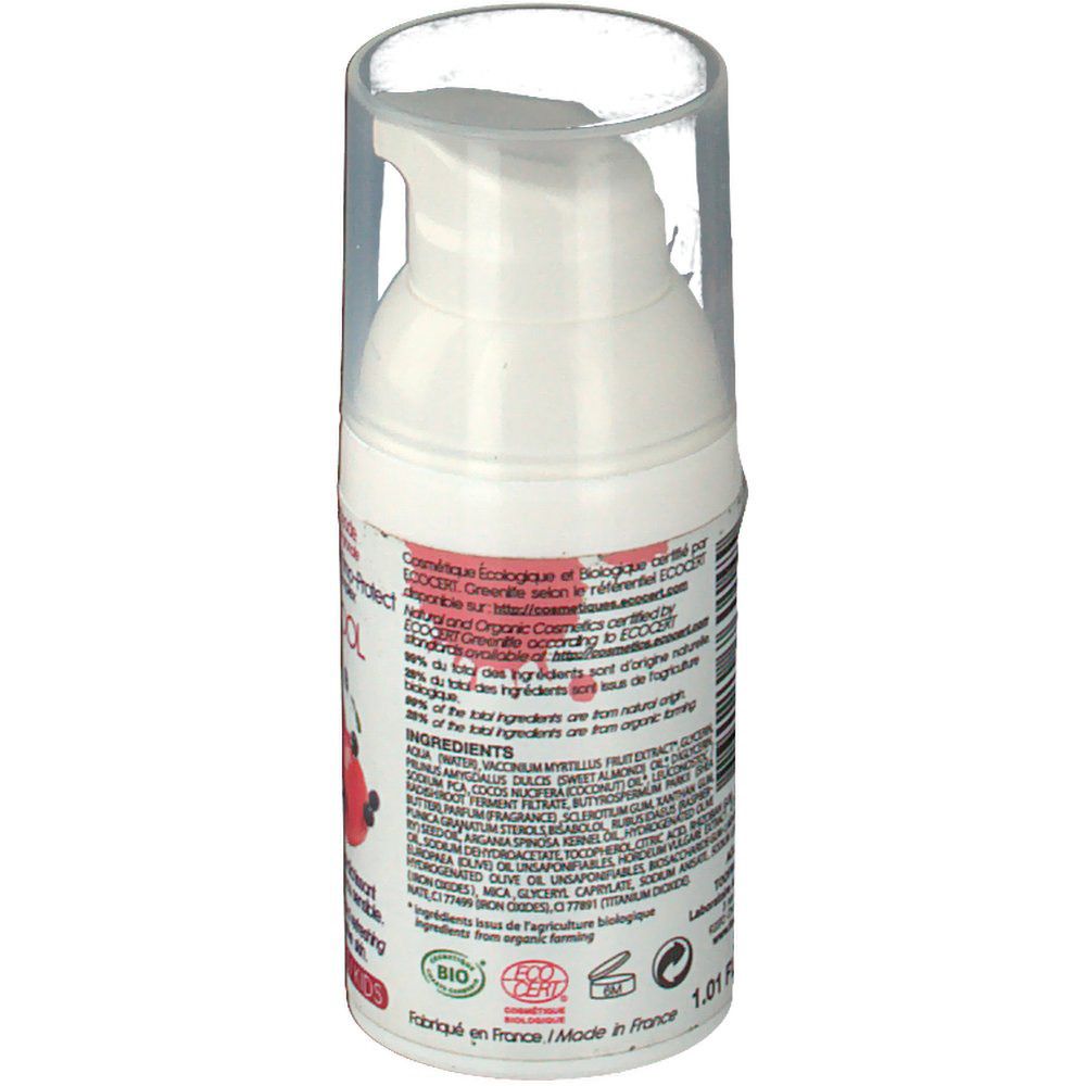 Flacon blanc avec bouchon transparent. Dos avec texte, ingrédients et certification bio. Fabriqué en France.