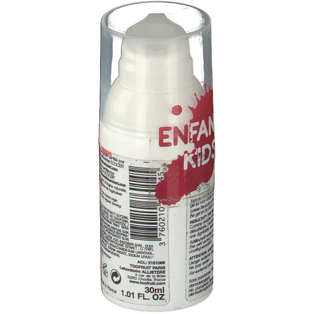 Flacon blanc avec bouchon transparent. Inscription ENFANTS/KIDS et tache rouge. 30ml, 1.01 FL. OZ.