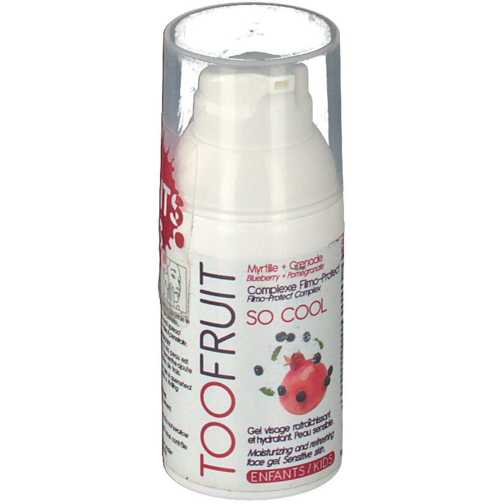 Flacon blanc avec bouchon transparent. Inscriptions TOOFRUIT, SO COOL, myrtille et grenade. Pour enfants.