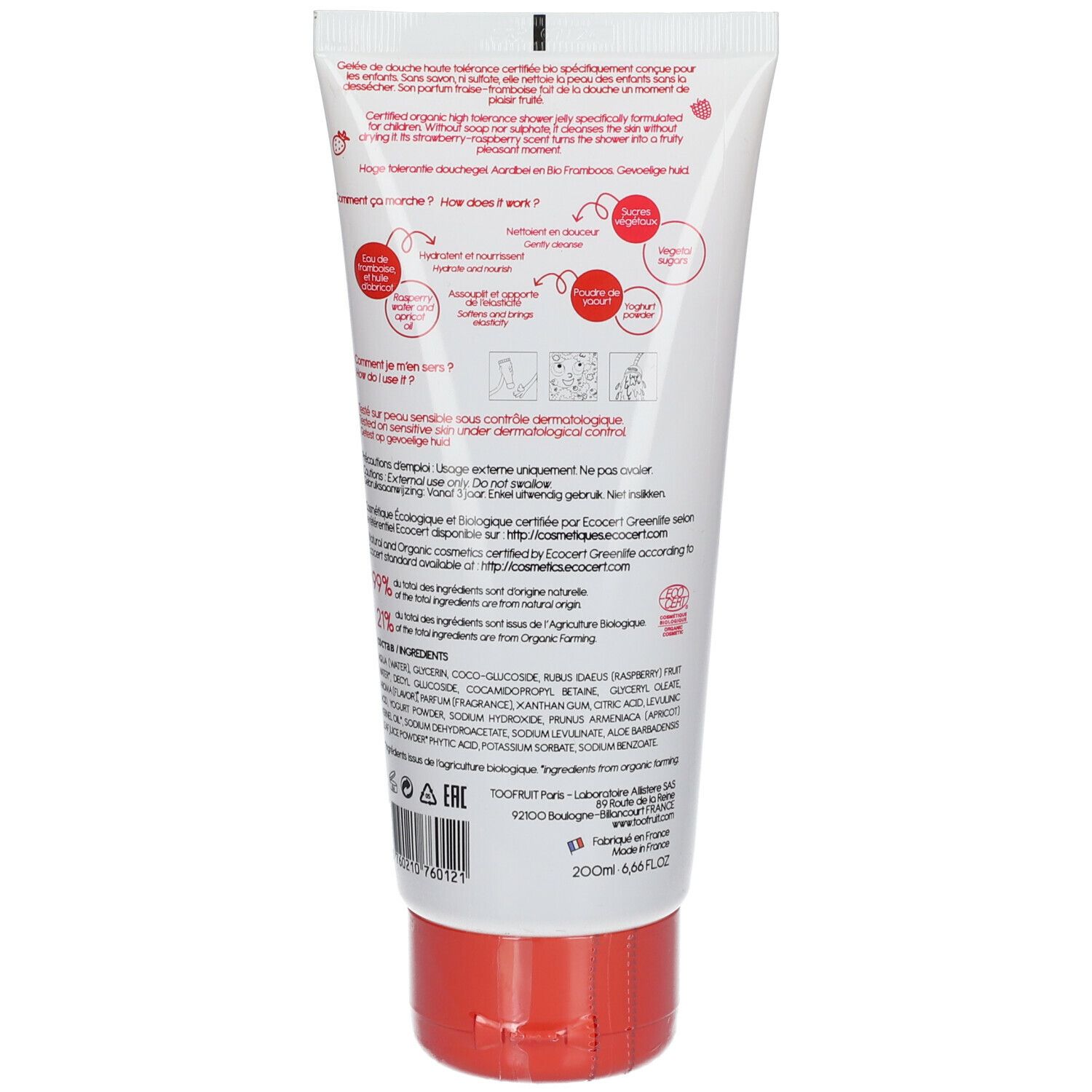 Dos du tube. Texte: ingrédients, certification BIO, instructions. Bouchon rouge. Marque: TOOFRUIT.