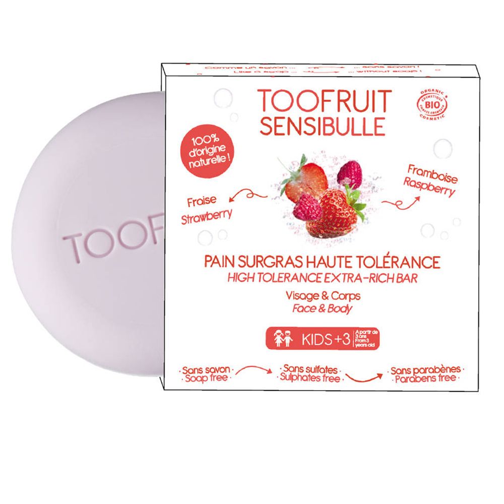 Runde Seife und Verpackung. Auf der Verpackung: TOOFRUIT SENSIBULLE, Erdbeere-Himbeere, Bio-Siegel. Text: Pain surgras haute tolérance, visage & corps.
