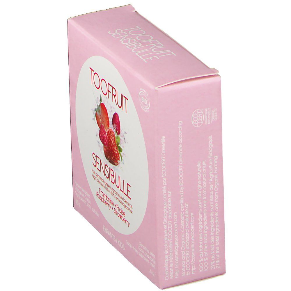 Rosa Verpackung. Auf der Verpackung: TOOFRUIT SENSIBULLE, Erdbeere-Himbeere, Bio-Siegel. Abgebildet: Erdbeeren und Himbeeren. Schräge Ansicht.