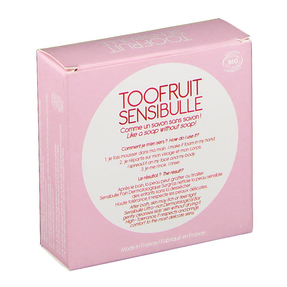 Rosa Verpackung. Auf der Verpackung: TOOFRUIT SENSIBULLE, Text: Wie eine Seife ohne Seife! Anweisungen. Bio-Siegel. Schräge Ansicht.