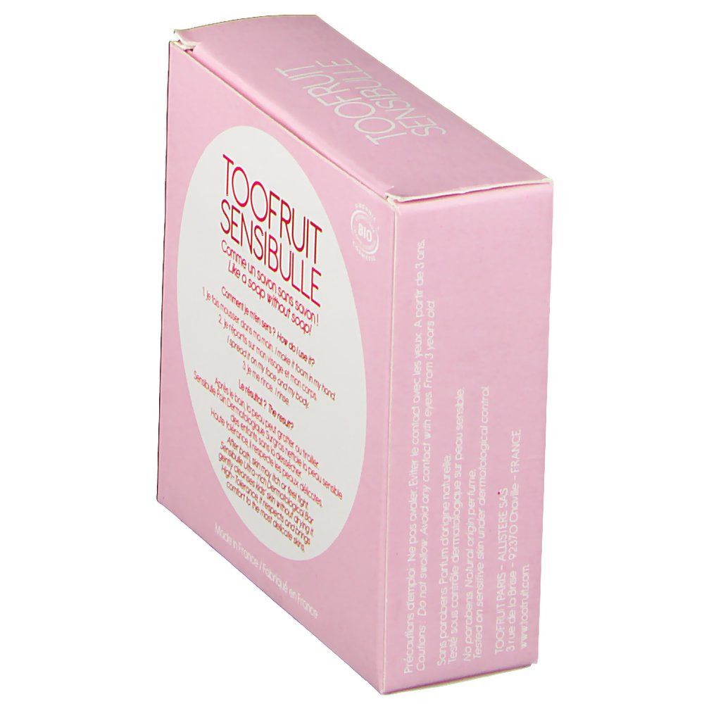 Rosa Verpackung. Auf der Verpackung: TOOFRUIT SENSIBULLE, Text: Wie eine Seife ohne Seife! Bio-Siegel. Schräge Ansicht.