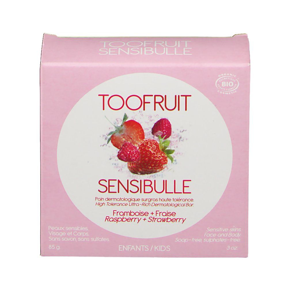 Rosa Verpackung. Auf der Verpackung: TOOFRUIT SENSIBULLE, Erdbeere-Himbeere, Bio-Siegel. Text: Pain dermatologique surgras haute tolérance. Für Kinder.