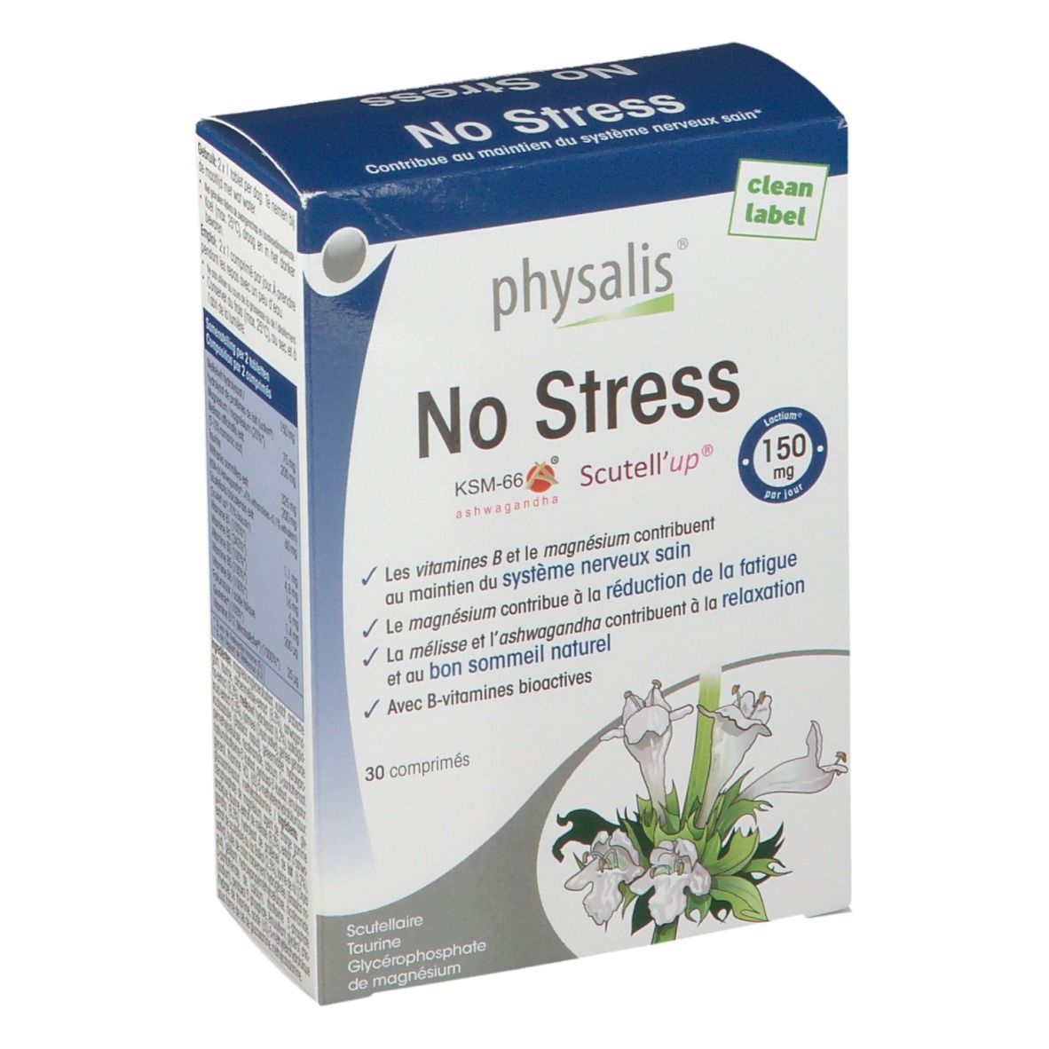 Boîte de comprimés "physalis No Stress". Emballage bleu et blanc avec nom du produit et informations. Contient 30 comprimés.