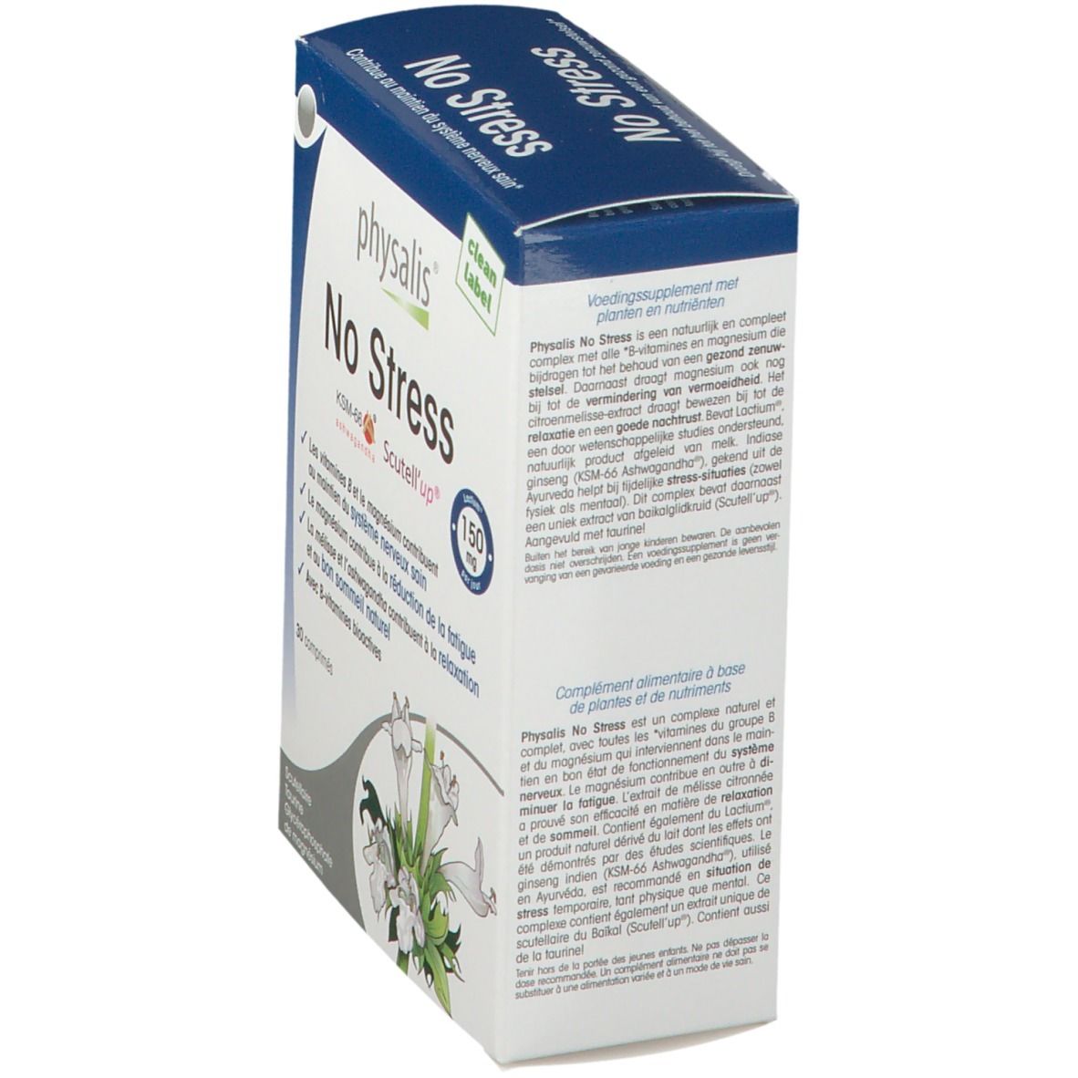 Vue latérale de l'emballage "physalis No Stress". Boîte bleue et blanche avec informations et ingrédients du produit.