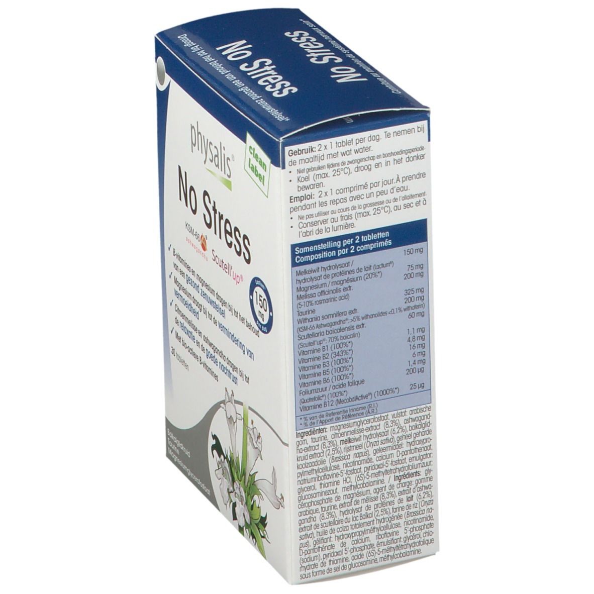 Boîte "physalis No Stress" avec informations et dosage. Emballage bleu et blanc. Contient 30 comprimés.