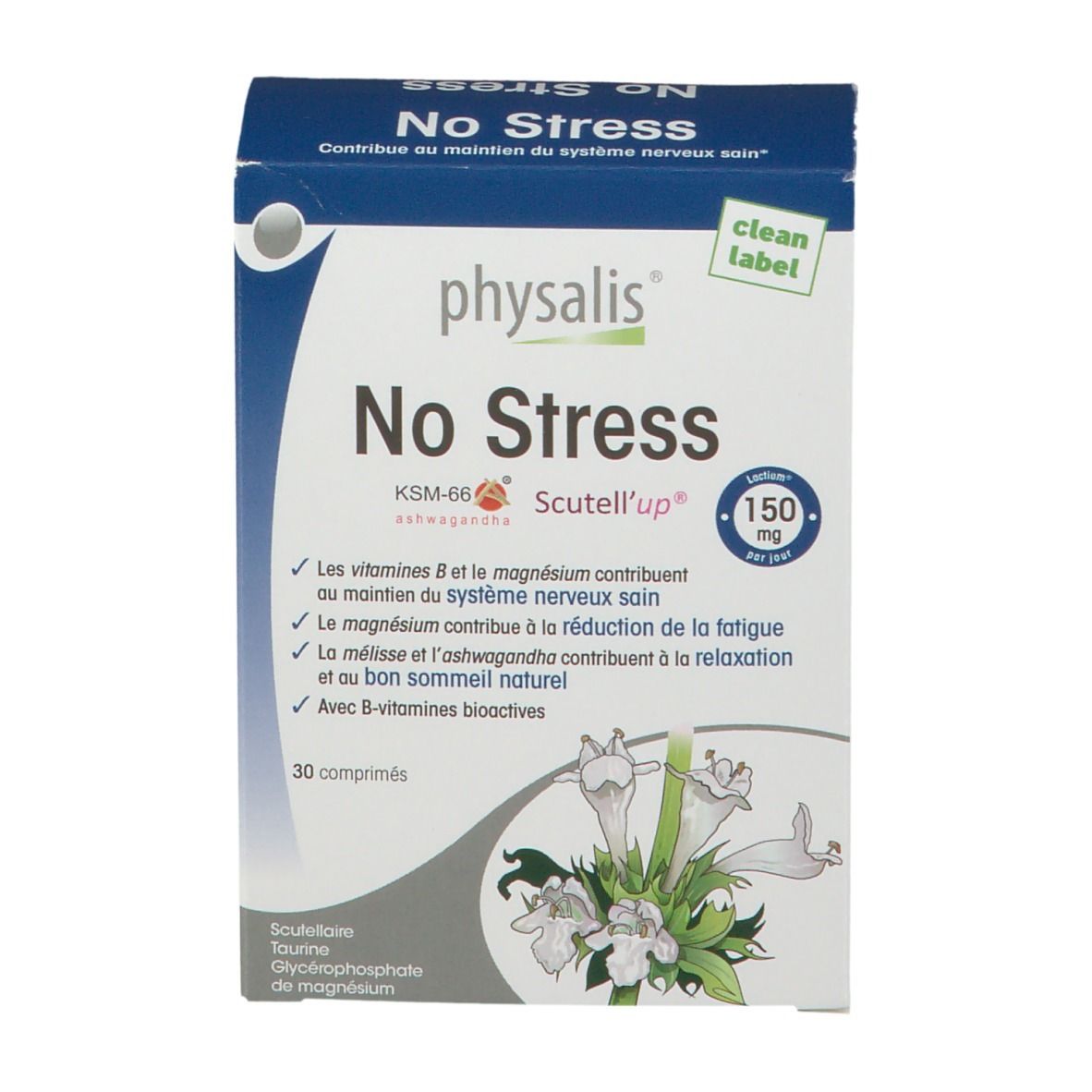 Vue de face de l'emballage "physalis No Stress". Boîte bleue et blanche avec nom et informations. 30 comprimés.