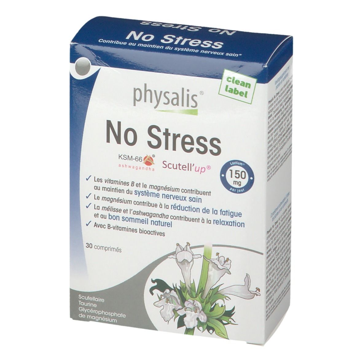 Vue de face de l'emballage "physalis No Stress". Boîte bleue et blanche avec nom et informations. 30 comprimés.