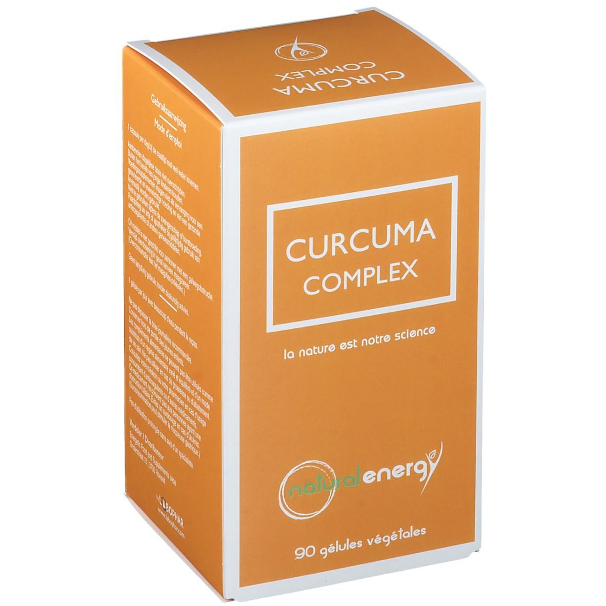 Oranje productverpakking met witte rand en tekst. Opschrift: CURCUMA COMPLEX, naturalenergy logo, 90 gélules végétales.