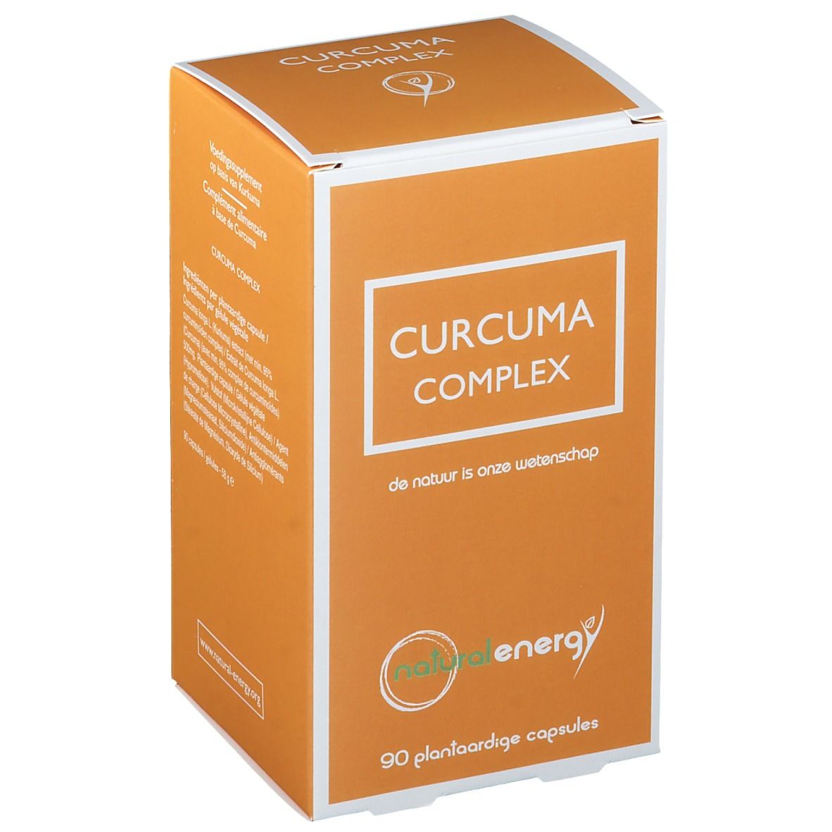 Productverpakking, oranje met witte rand en tekst. Opschrift: CURCUMA COMPLEX, naturalenergy logo, 90 planlaardige capsules.