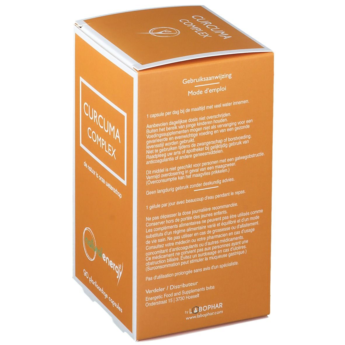 Productverpakking met tekst in het Duits en Frans. Bevat gebruiksaanwijzing. Opschrift: CURCUMA COMPLEX, naturalenergy logo, 90 gélules végétales.