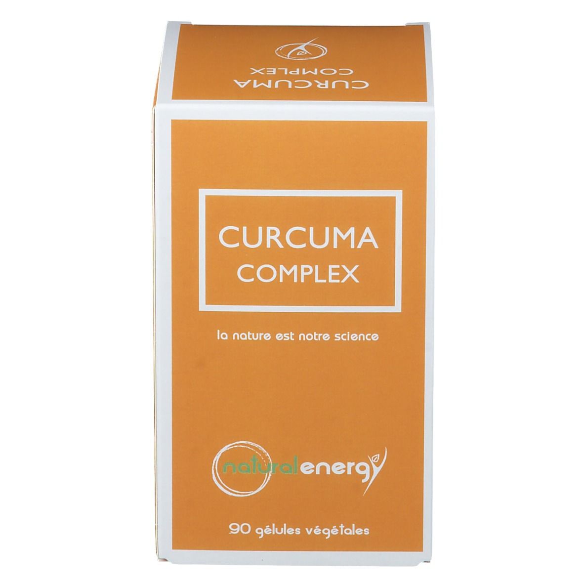 Oranje productverpakking met witte rand en tekst. Opschrift: CURCUMA COMPLEX, naturalenergy logo, 90 gélules végétales.