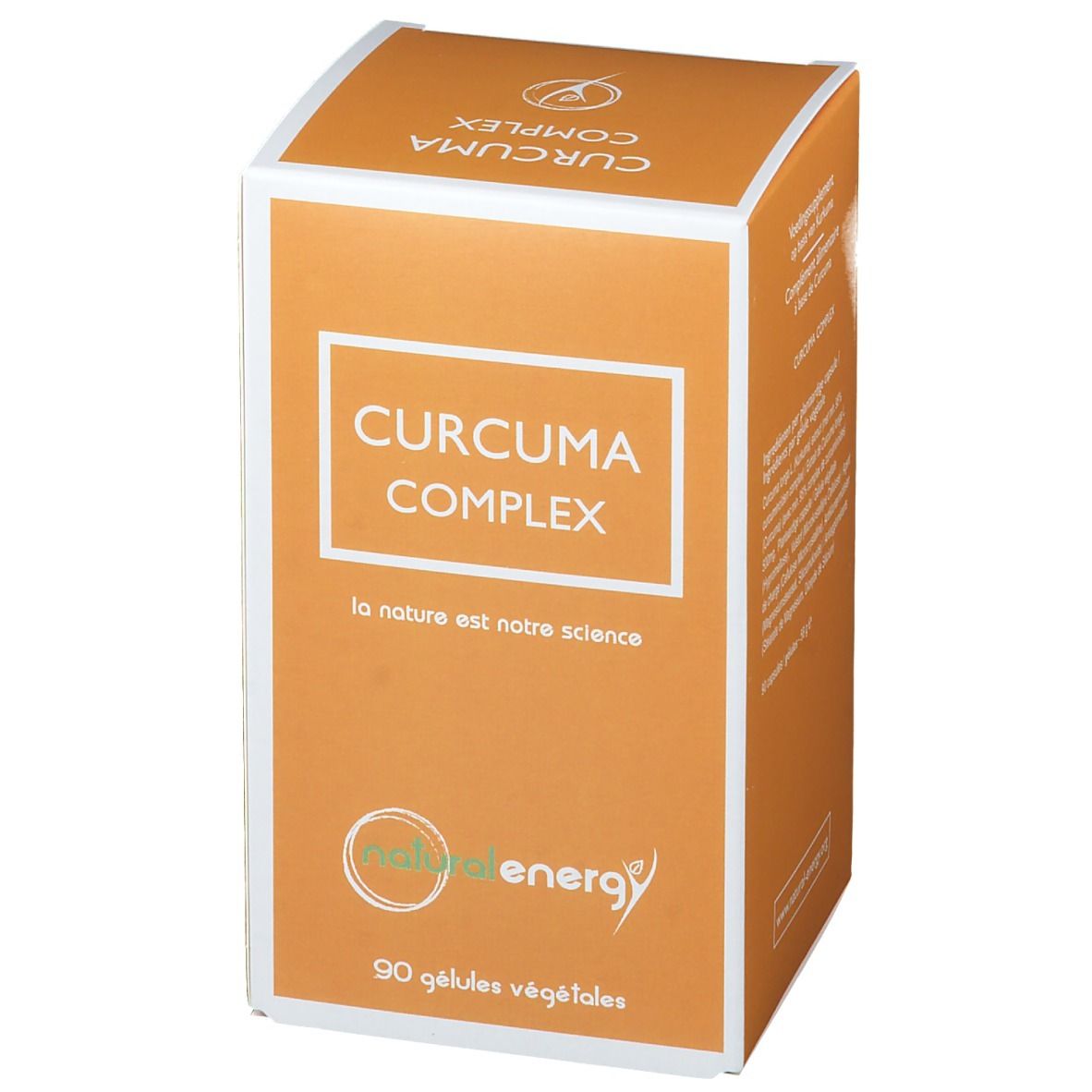 Productverpakking, oranje met witte rand en tekst. Opschrift: CURCUMA COMPLEX, naturalenergy logo, 90 gélules végétales.
