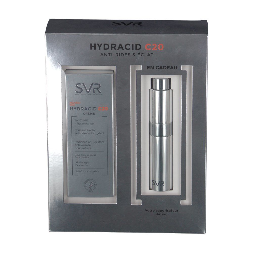 Coffret cadeau avec crème SVR Hydracid C20 et vaporisateur argenté. Les deux produits sont présentés dans une boîte grise.
