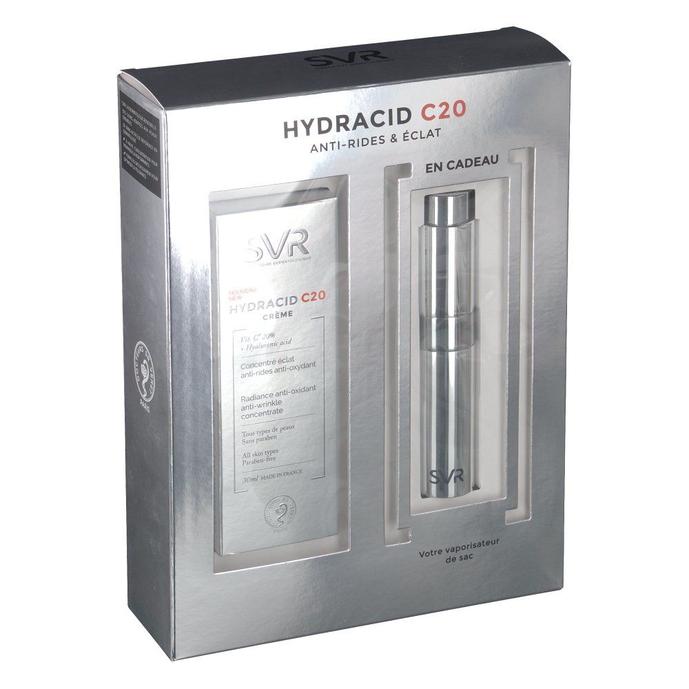 Coffret cadeau avec crème SVR Hydracid C20 et vaporisateur argenté. Les deux produits sont présentés dans une boîte grise.