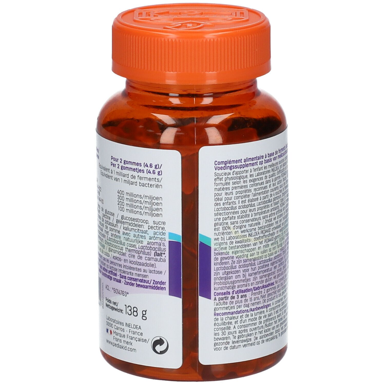 Dos du flacon en plastique brun avec bouchon orange. Étiquette avec ingrédients et informations nutritionnelles.