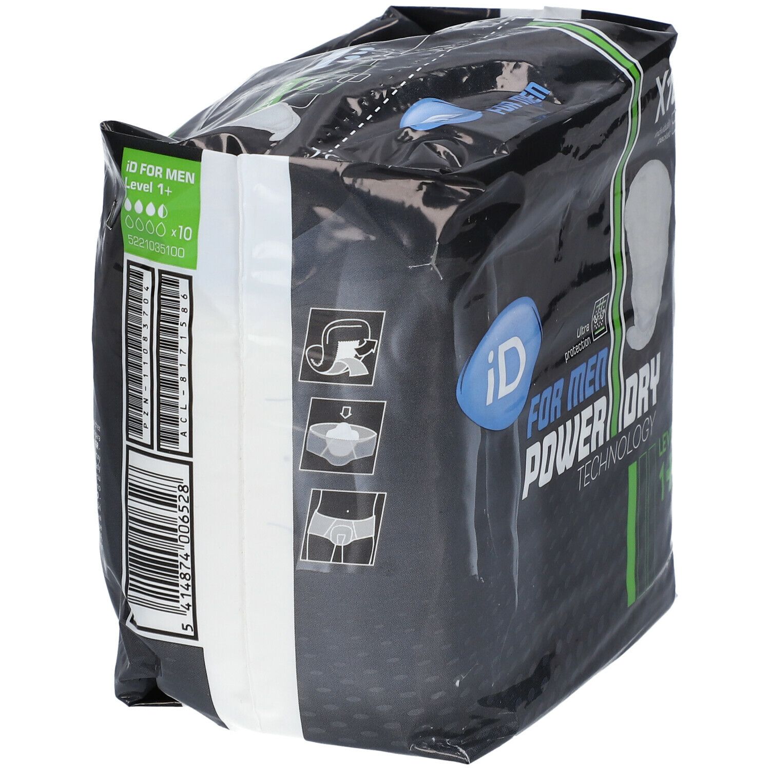 Paquet iD Pour Hommes Niveau 1+. Film noir. X10. Illustrations: utilisation. Logo iD. Power Dry Technology. Code-barres.