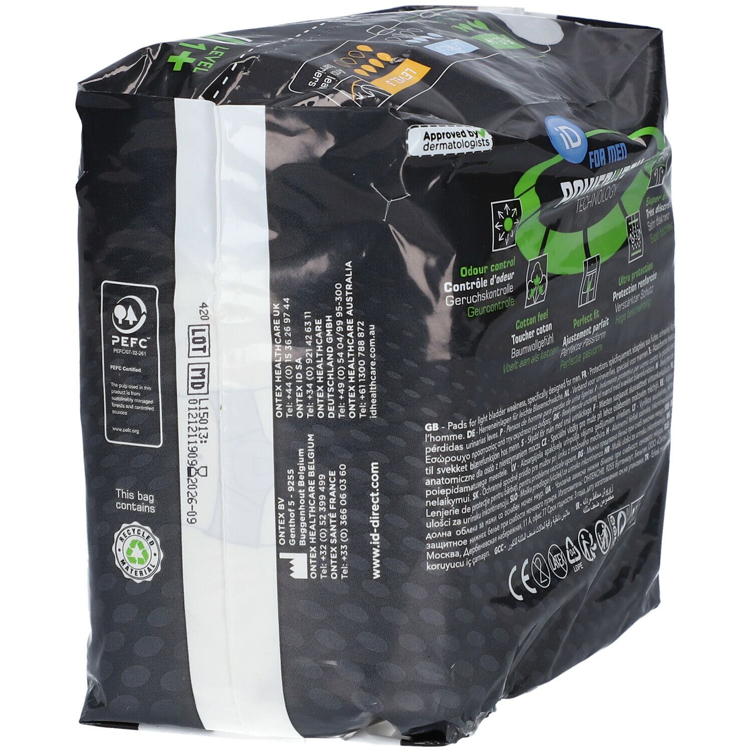 Paquet iD Pour Hommes Niveau 1+. Film noir. Logos: PEFC, recyclage. Informations fabricant. Approuvé par les dermatologues.