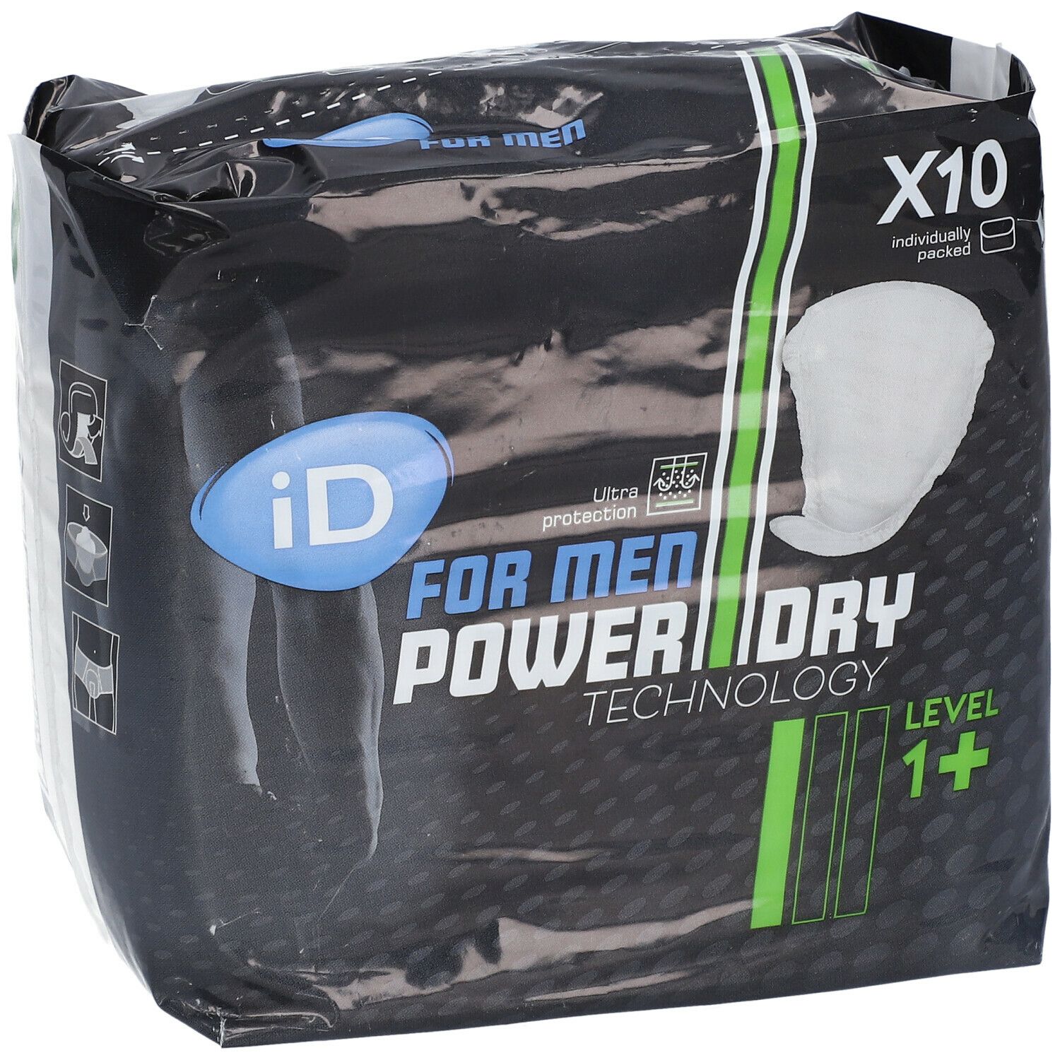 Paquet iD Pour Hommes Niveau 1+. Film noir, accents verts. X10, emballés individuellement. Logo iD, Power Dry Technology. Produit visible.