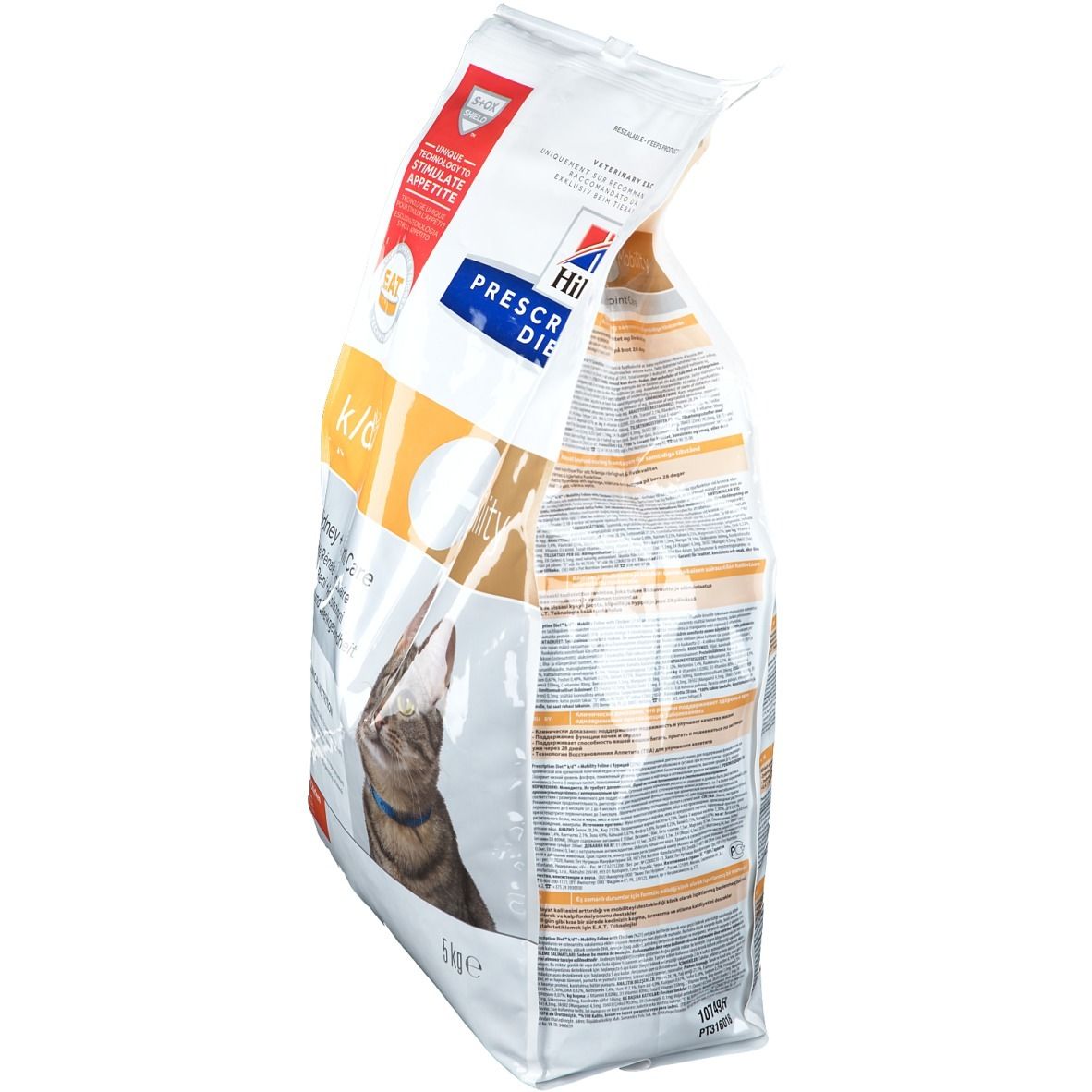 Vue latérale d'un sac de nourriture pour chats. Inscription: Hill's Prescription Diet k/d + Mobility. Contient 5 kg. Image de chat.