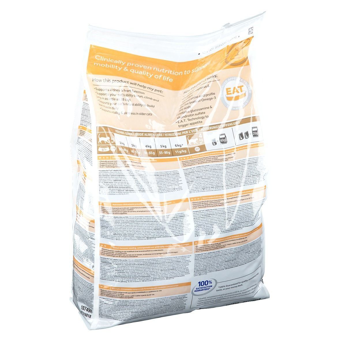 Dos d'un sac de nourriture pour chats. Inscription: Hill's Prescription Diet k/d + Mobility. Contient 5 kg. Texte et logos.