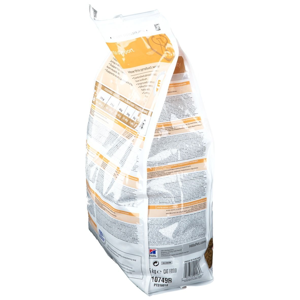 Vue latérale d'un sac de nourriture pour chats. Inscription: Hill's Prescription Diet k/d + Mobility. Contient 5 kg. Texte et logos.
