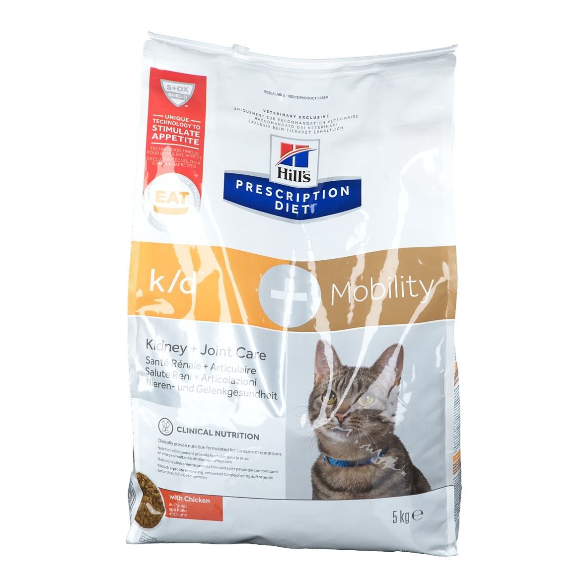 Sac de nourriture pour chats. Inscription: Hill's Prescription Diet k/d + Mobility. Contient 5 kg. Image de chat.