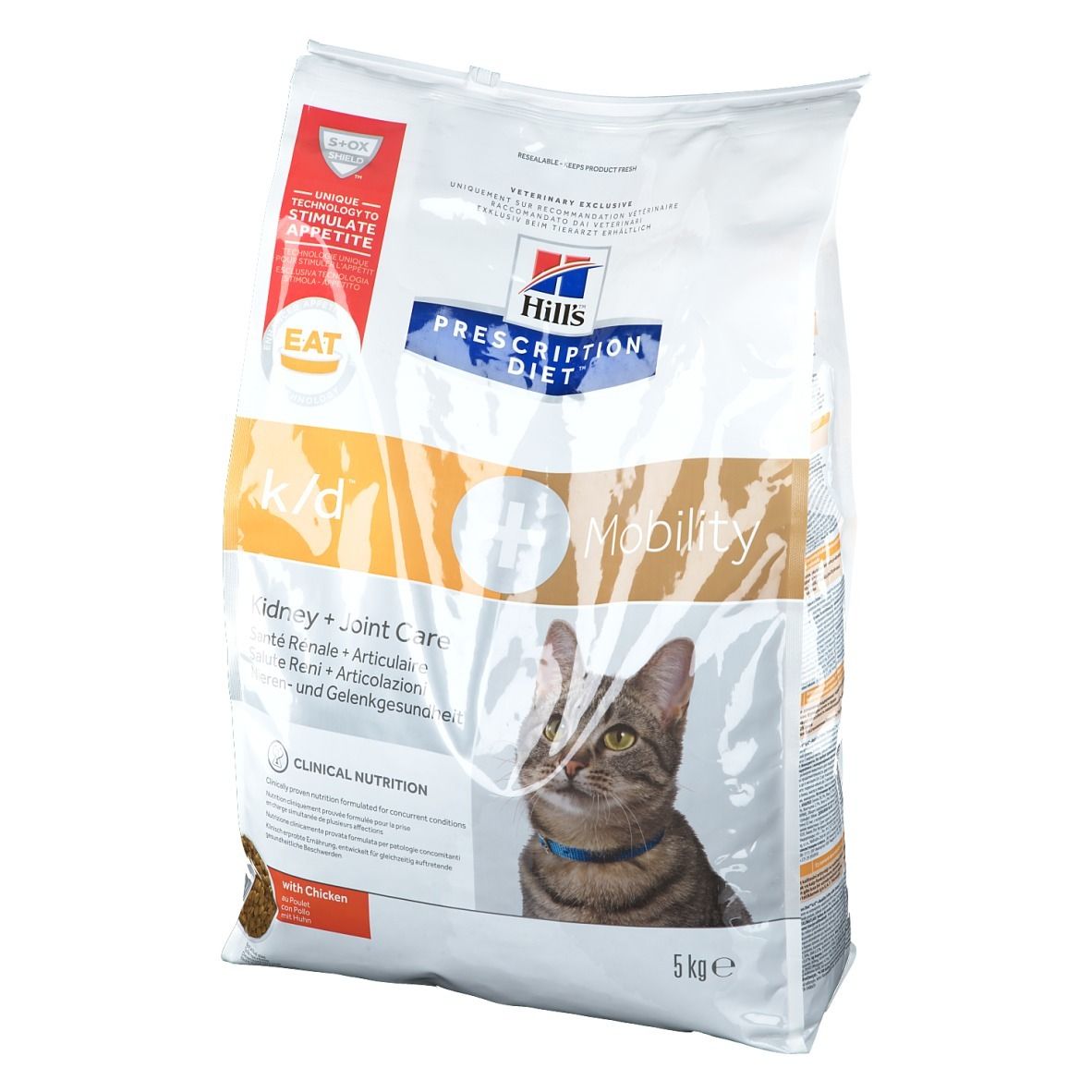 Sac de nourriture pour chats. Inscription: Hill's Prescription Diet k/d + Mobility. Contient 5 kg. Image de chat.