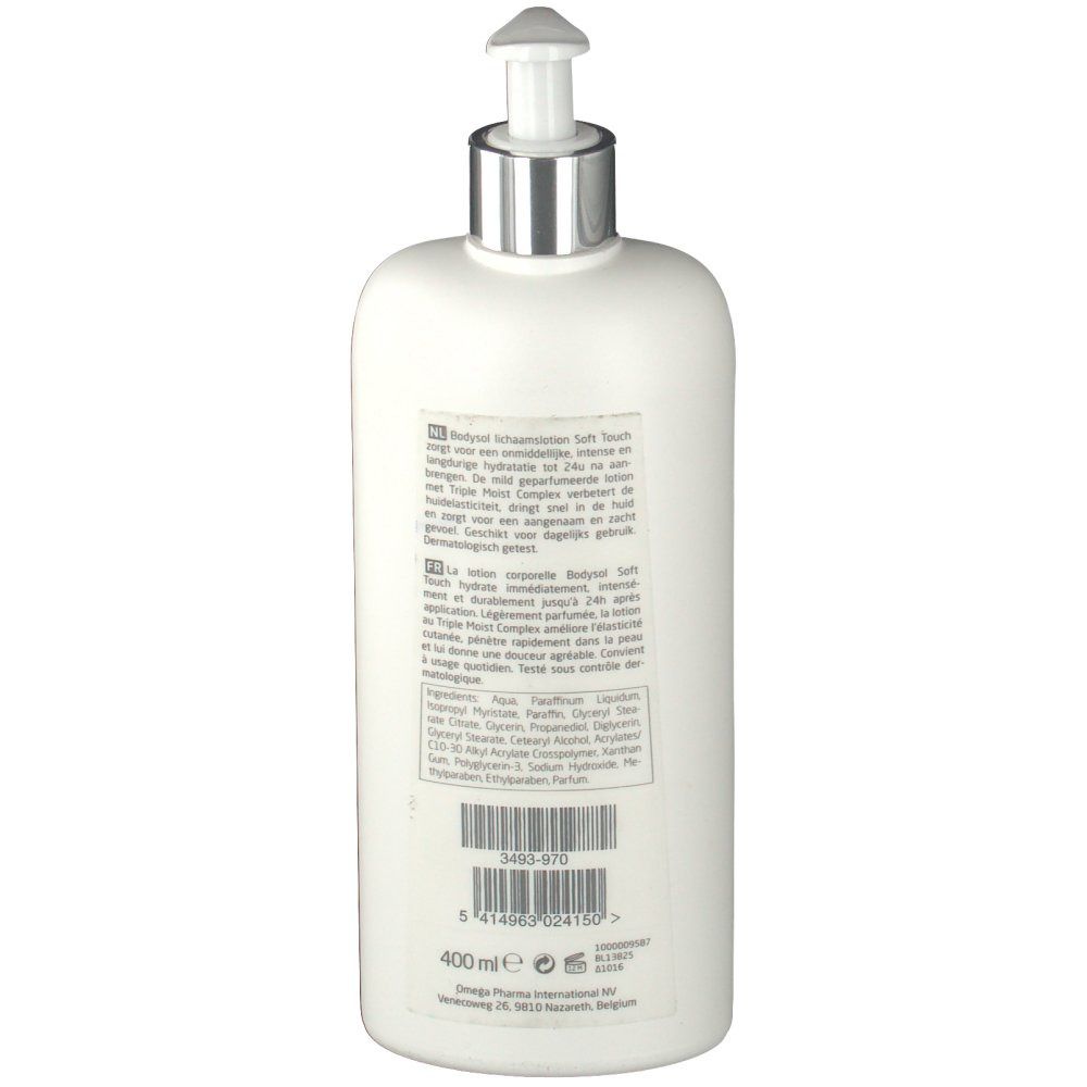 Achterkant van de witte fles. Tekst met ingrediënten en fabrikantinfo. 400 ml.