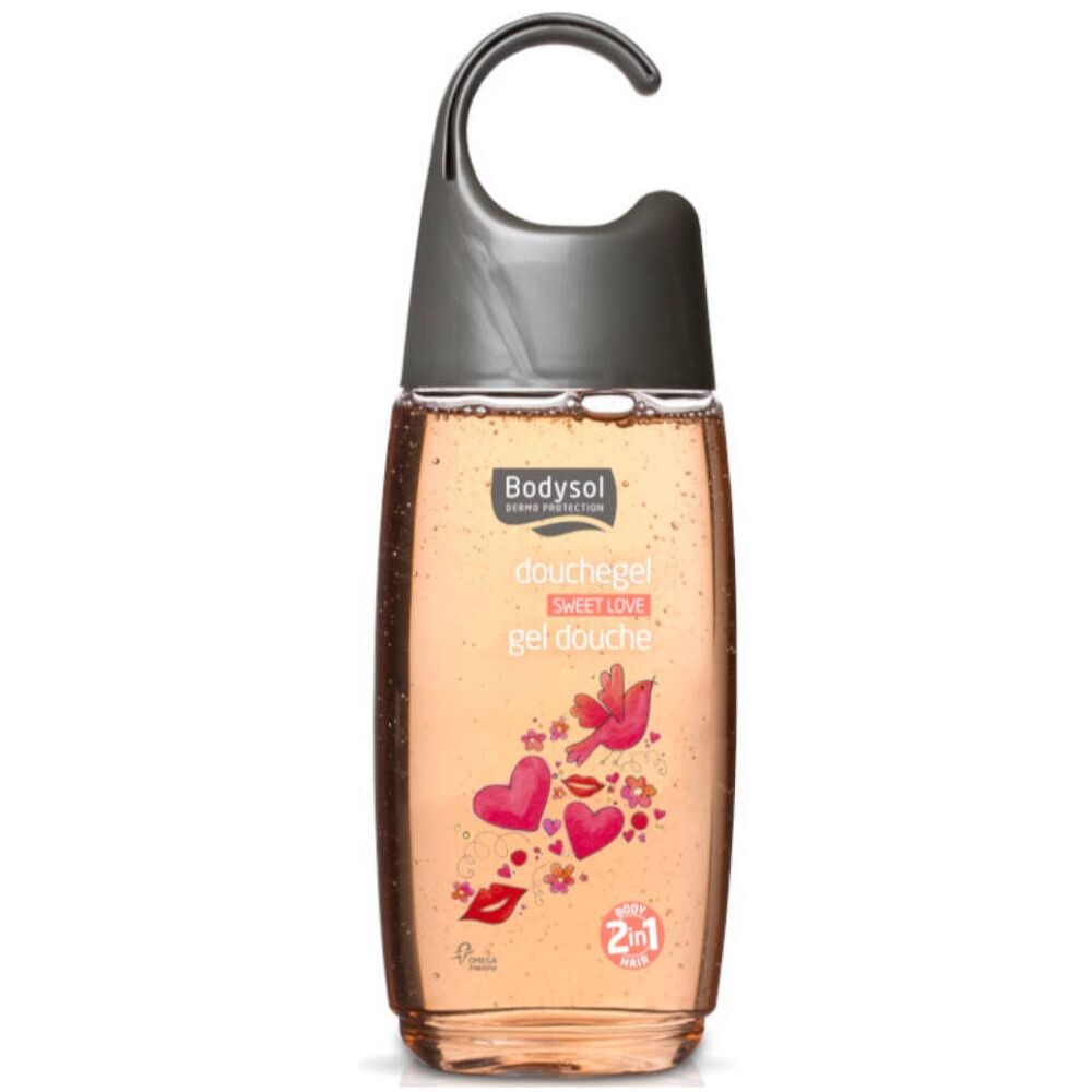 Bodysol douchegel Sweet Love, met ophanghaak. Roze vloeistof, design met harten en lippen. Transparante fles.