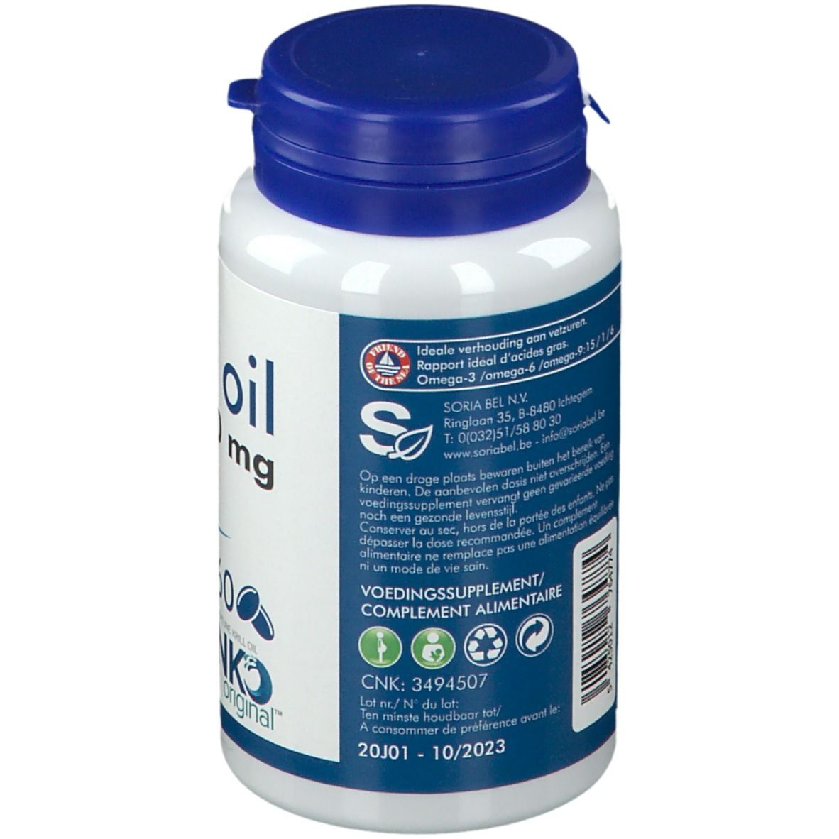 Rückseite der weißen Flasche mit blauem Deckel. Text: Soria Bel, Omega-3-Gehalt, CNK-Nummer, Verfallsdatum.
