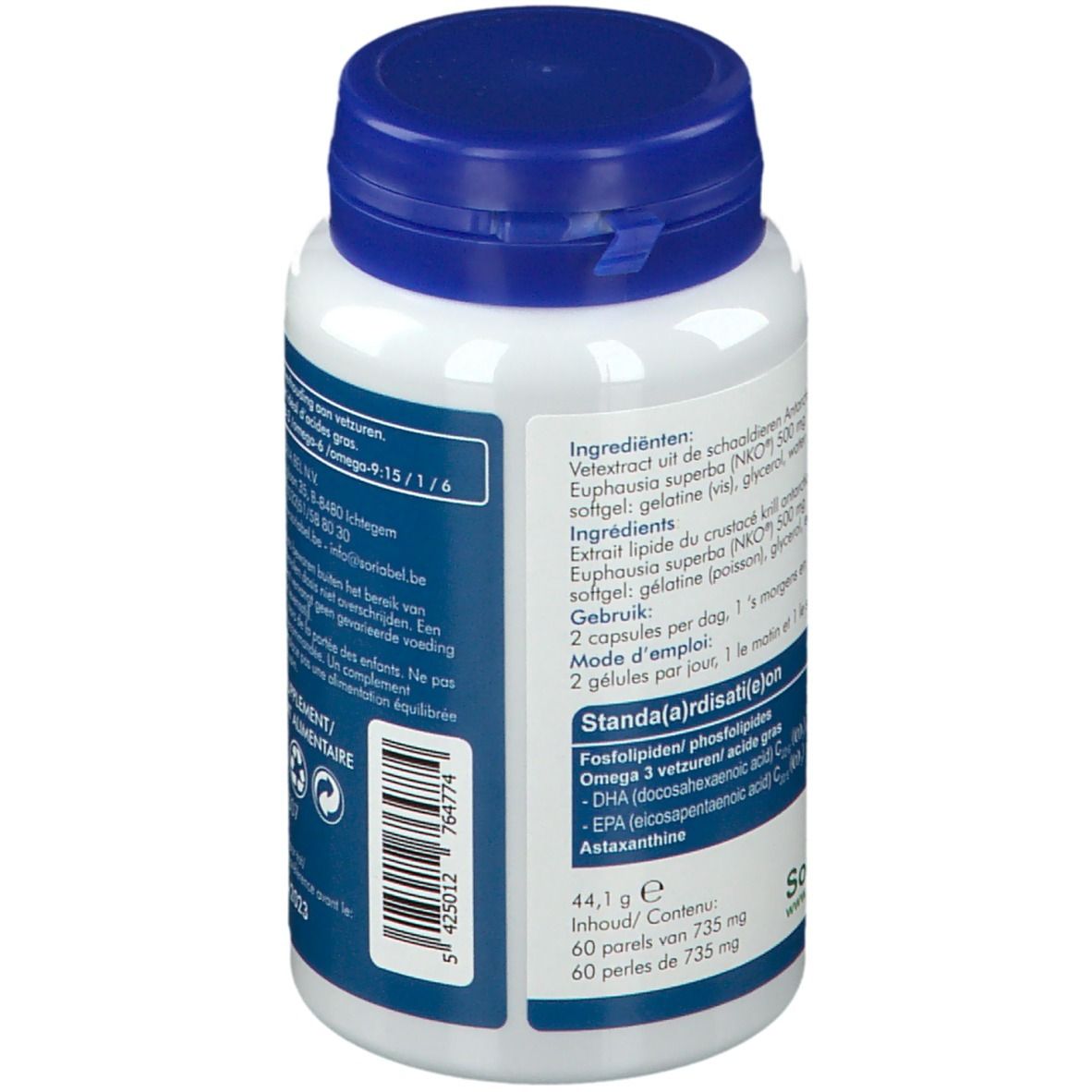 Rückseite der weißen Flasche mit blauem Deckel. Zutatenliste, Dosierungsempfehlung, Nährwertangaben, Chargennummer.