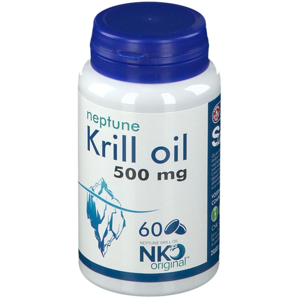 Weiße Flasche mit blauem Deckel. Aufschrift: Neptune Krill oil 500 mg. Abbildung eines Eisbergs. 60 Kapseln.